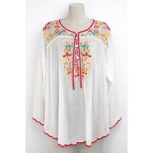 Johnny Was Dragonfly Embroidered Bohemian Boho Blouse White Gauze Tunic Top Sz L